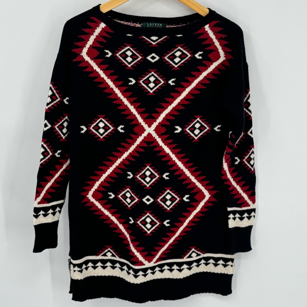 Lauren Ralph Lauren Fair Isle Aztec Knit‎ Sweater Black Red Cream Women’s Small